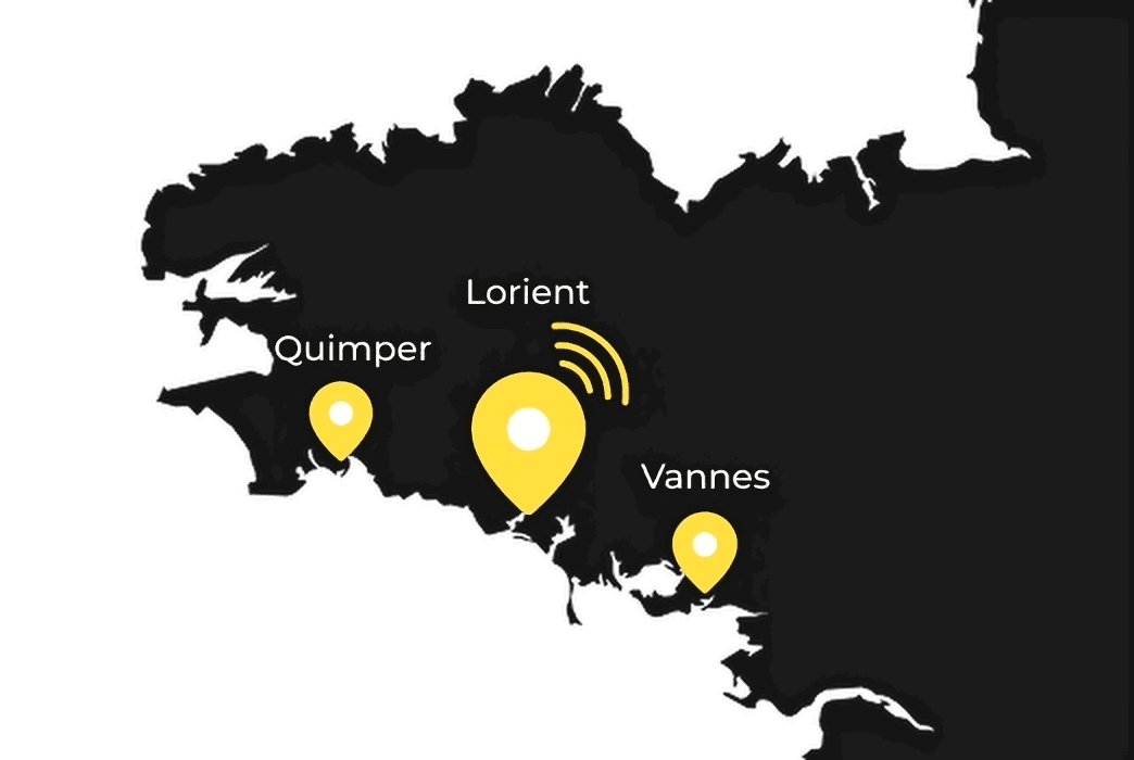 carte de la bretagne avec Quimper, Lorient et Vannes de mis en avant